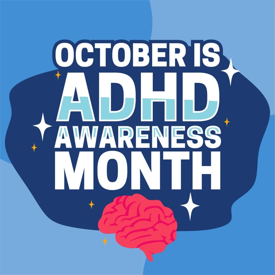 ADHD Awareness Month celebration graphic with energetic bursts and infinity ribbon